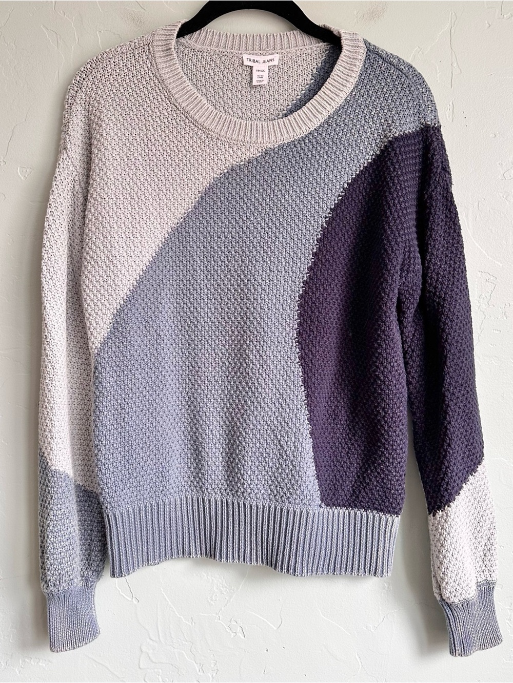 Tribal Jeans Blue Colorblock Swirl Knit Sweater Abstract Coastal Contemporary XS